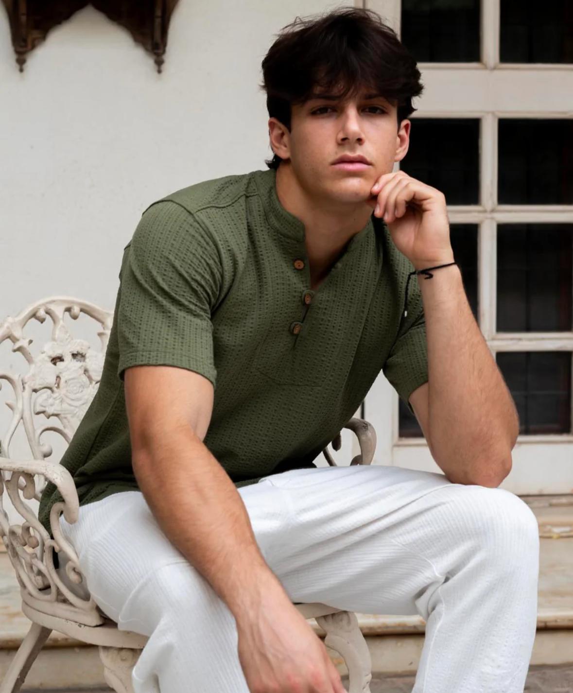 Olive Green Textured Short Sleeve Henley Shirt