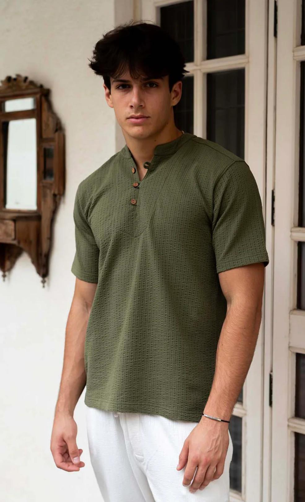 Olive Green Textured Short Sleeve Henley Shirt