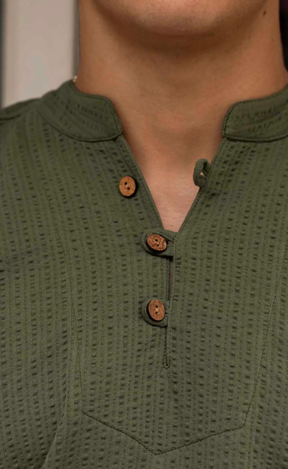 Olive Green Textured Short Sleeve Henley Shirt