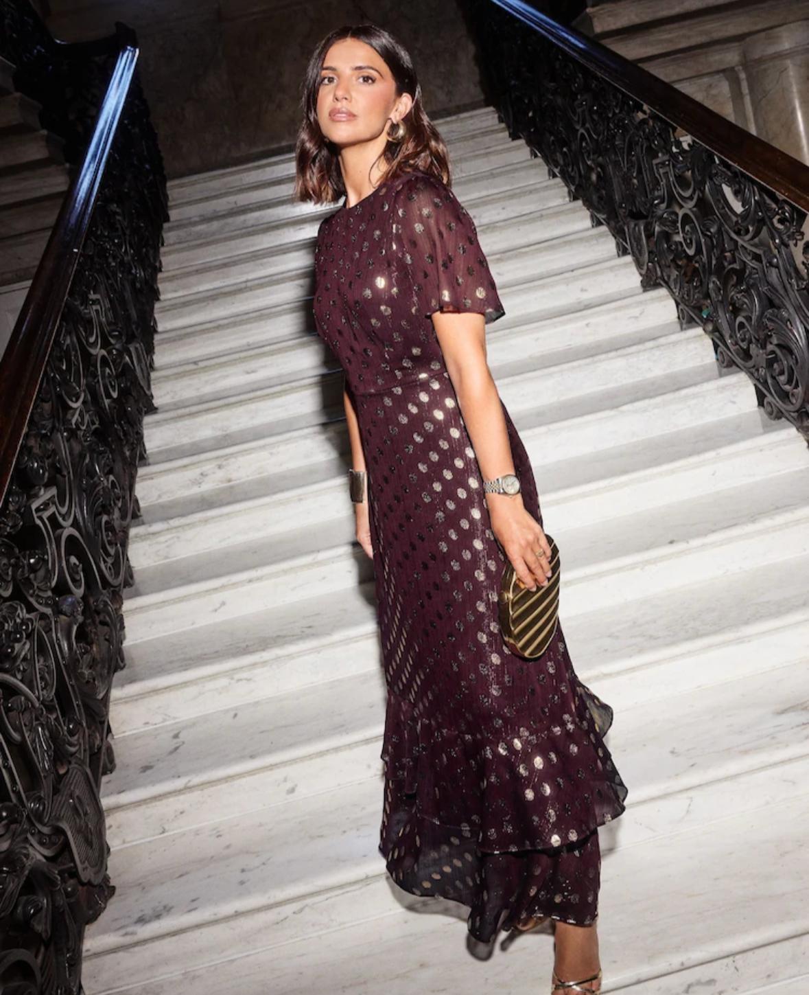 Elegant Purple Polka Dot Evening Gown