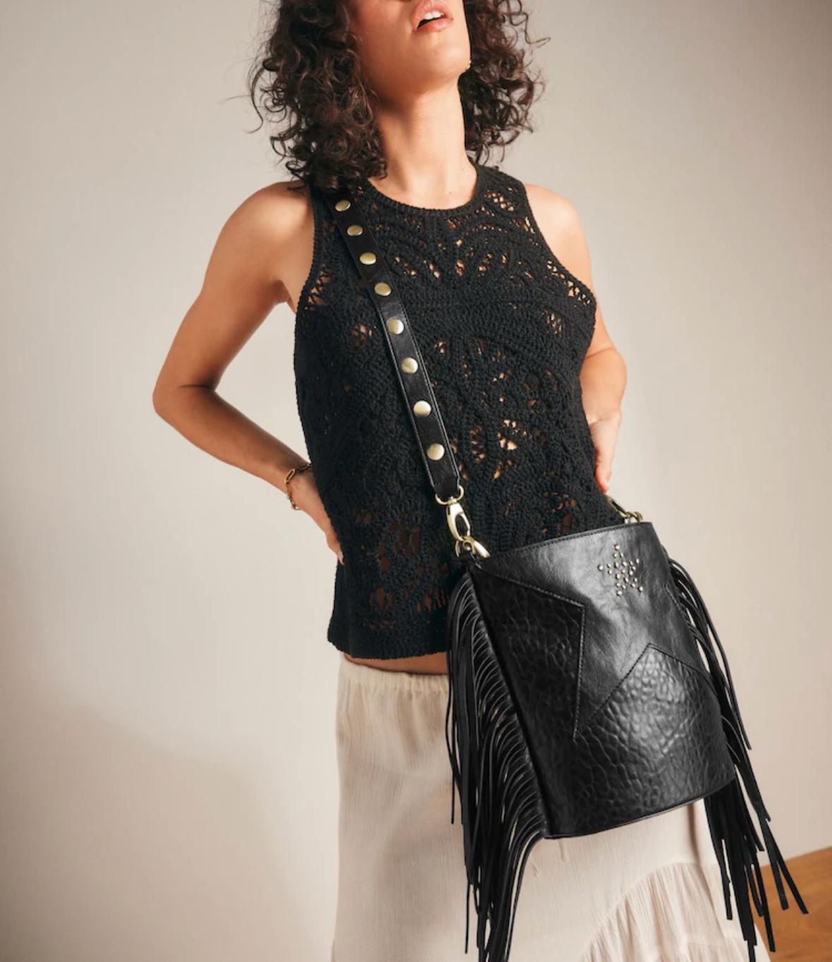 Black Leather Fringe Crossbody Bag
