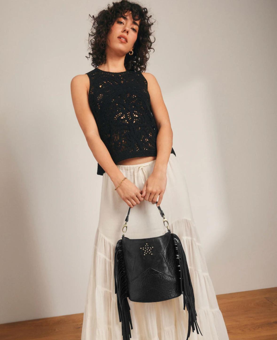 Black Leather Fringe Crossbody Bag