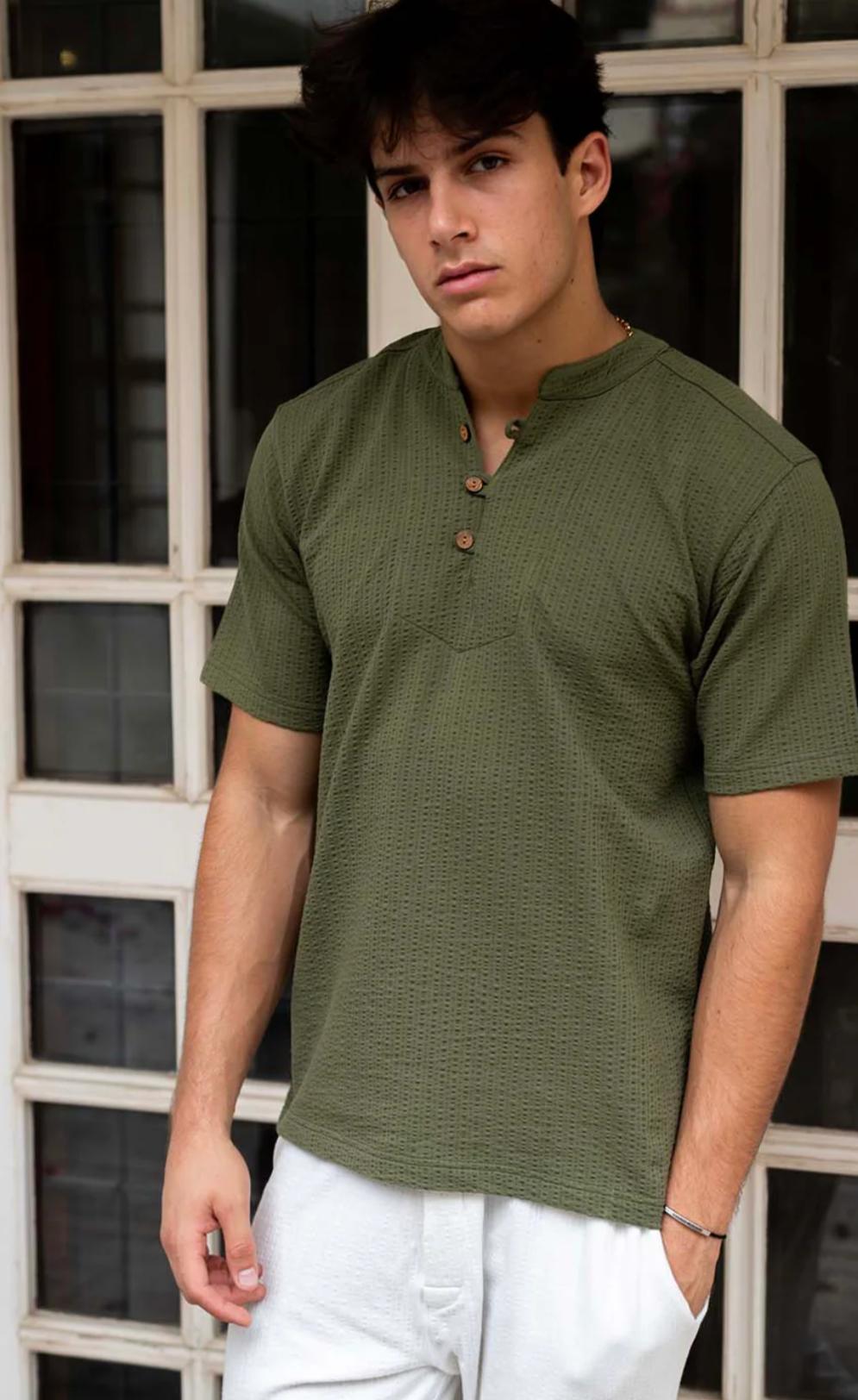 Olive Green Textured Short Sleeve Henley Shirt