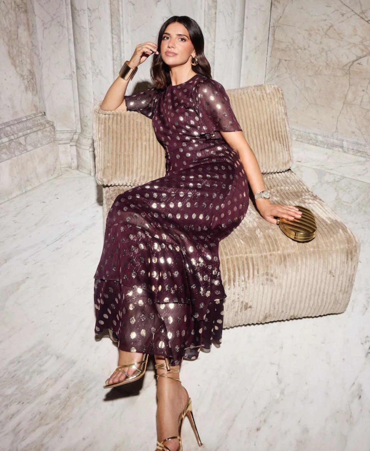 Elegant Purple Polka Dot Evening Gown