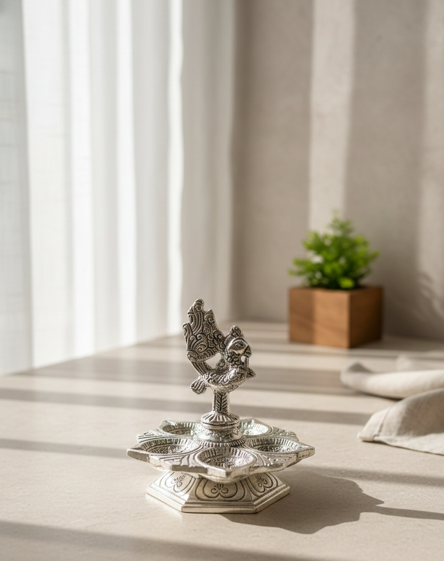 Antique Silver Peacock Oil Lamp