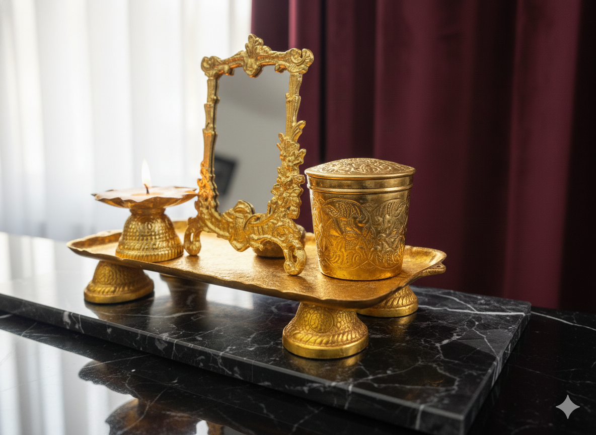 Brass Pooja Thali Set with Diya & Mirror | Antique Finish Décor