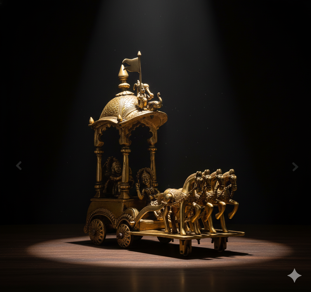Brass Chariot with Krishna and Arjuna Figurine
