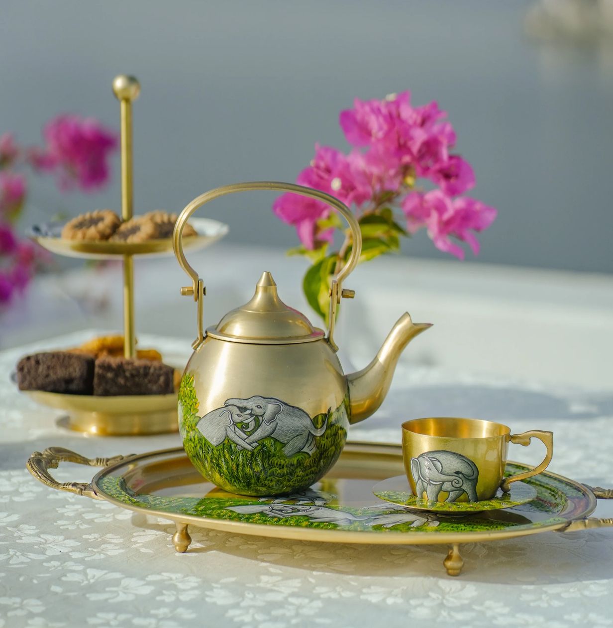 Hand-Painted Brass Tea Set