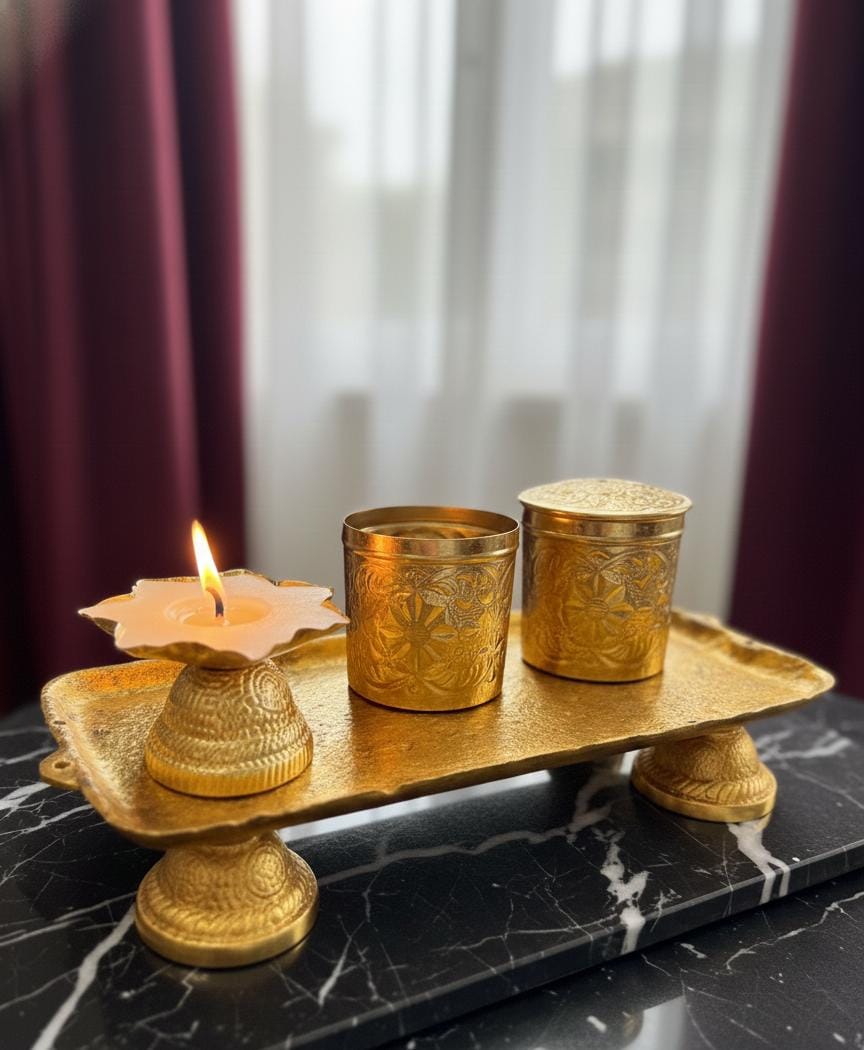 Brass Pooja Tray Set with Diya & Containers | Antique Finish