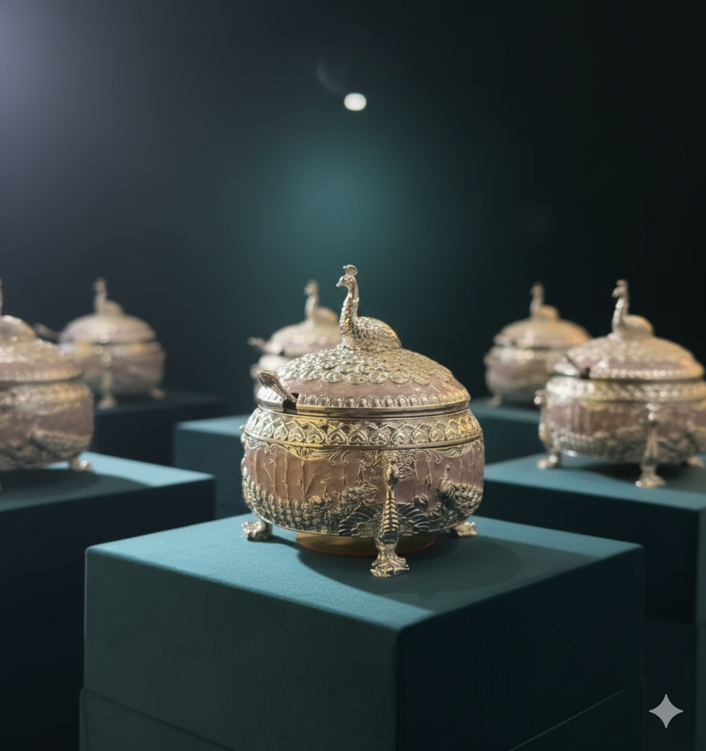 Ornate Peacock-Inspired Silver Bowl