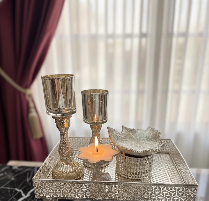 Decorative Candle Holder Set with Tray | Luxury Glass & Silver Décor
