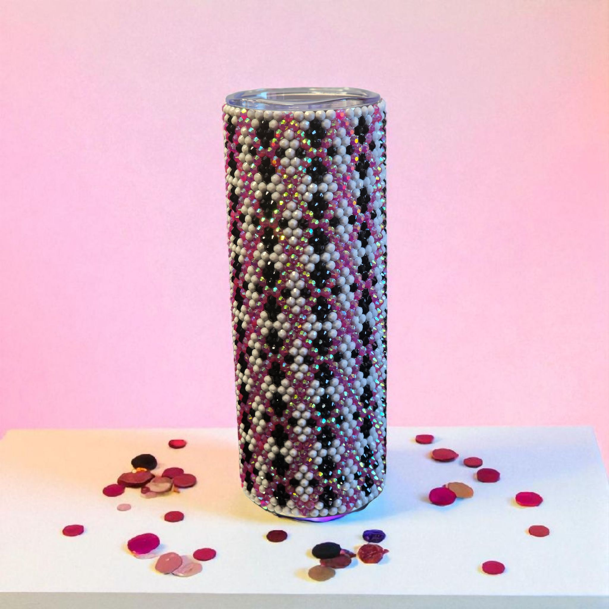 20oz Pink Black & White Rhinestone Tumbler 