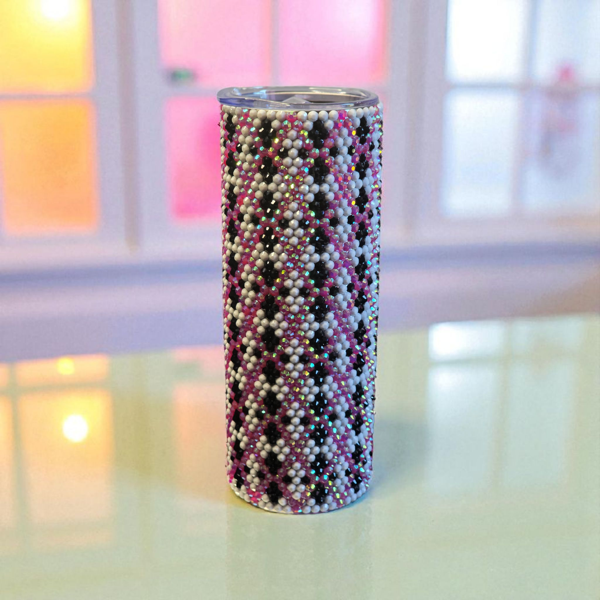 20oz Pink Black & White Rhinestone Tumbler 