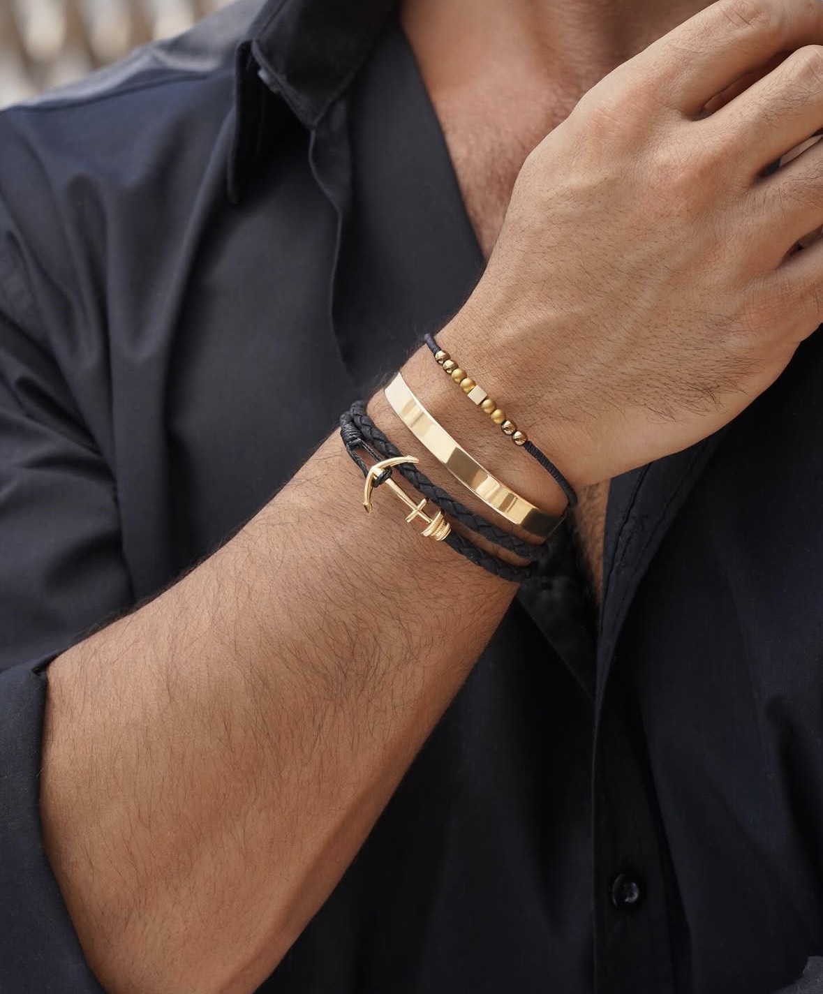 Men's Gold and Leather Bracelet Set