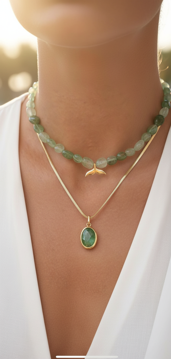 Elegant Green Stone Layered Necklace Set