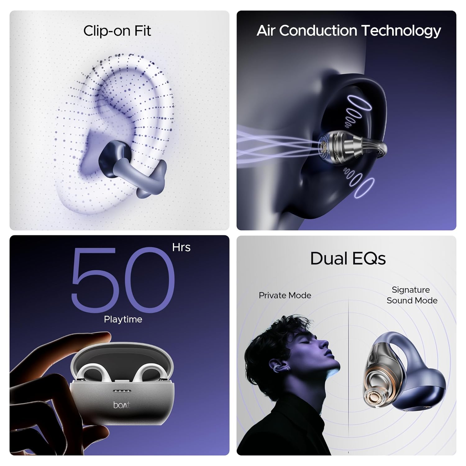 boAt Wireless Earbuds Boat Airdopes Loop OWS Earbuds w/Clip-On Fit, Air Conduction Tech, 50HRS Battery, 4Mics ENx, Dual EQ Modes, 12mm Drivers, 40ms Latency, ASAP Charge, OWS Ear Buds in Ear Bluetooth Earphones