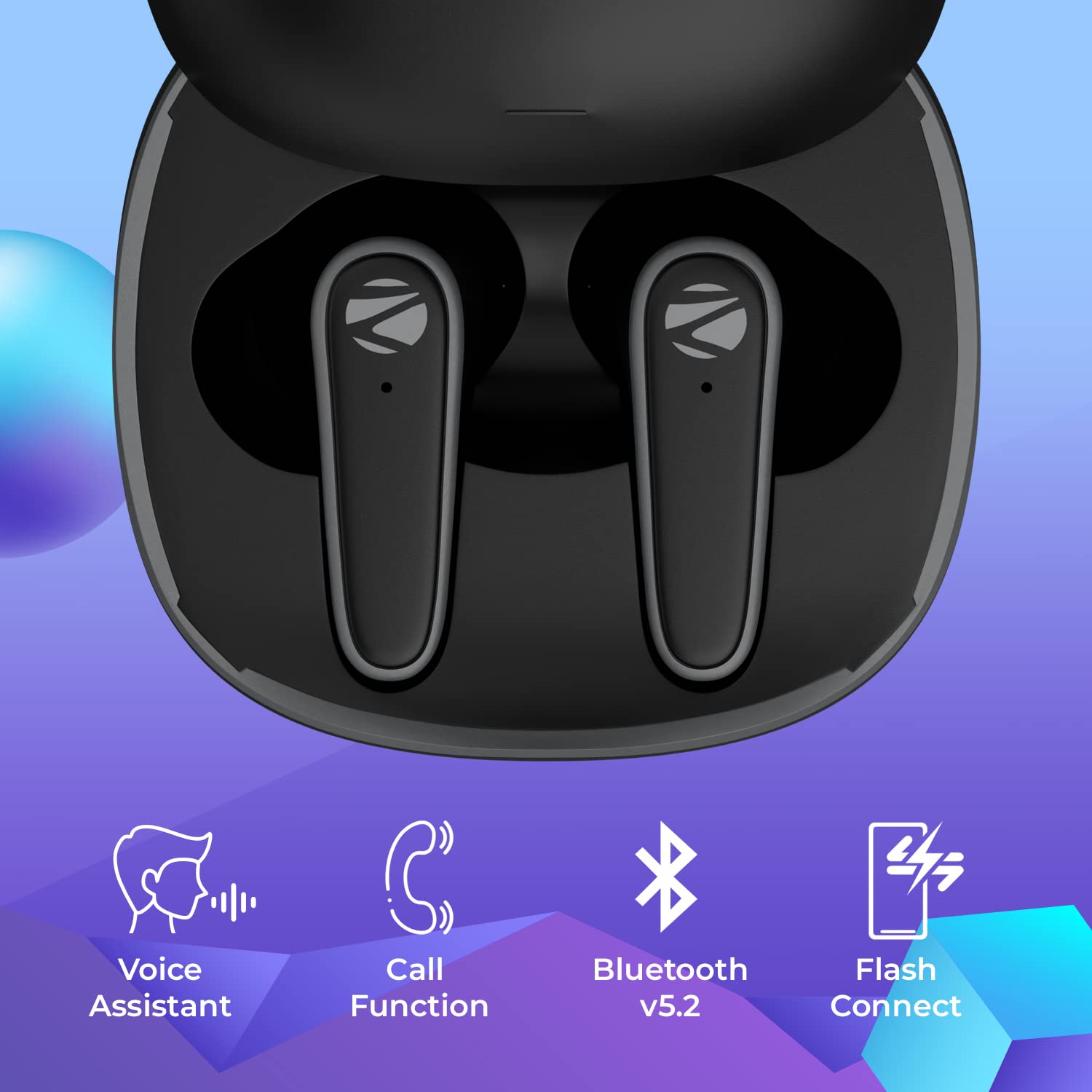 Wireless Earbuds with Active Noise Cancellation ZEBRONICS PODS 1 Wireless TWS Earbuds with Powerful ANC, ENC Calling, Gaming Mode, 28 Hours Backup, Bluetooth 5.2, Voice Assistant Support, Splash Proof, Flash Connect & Type C Charging