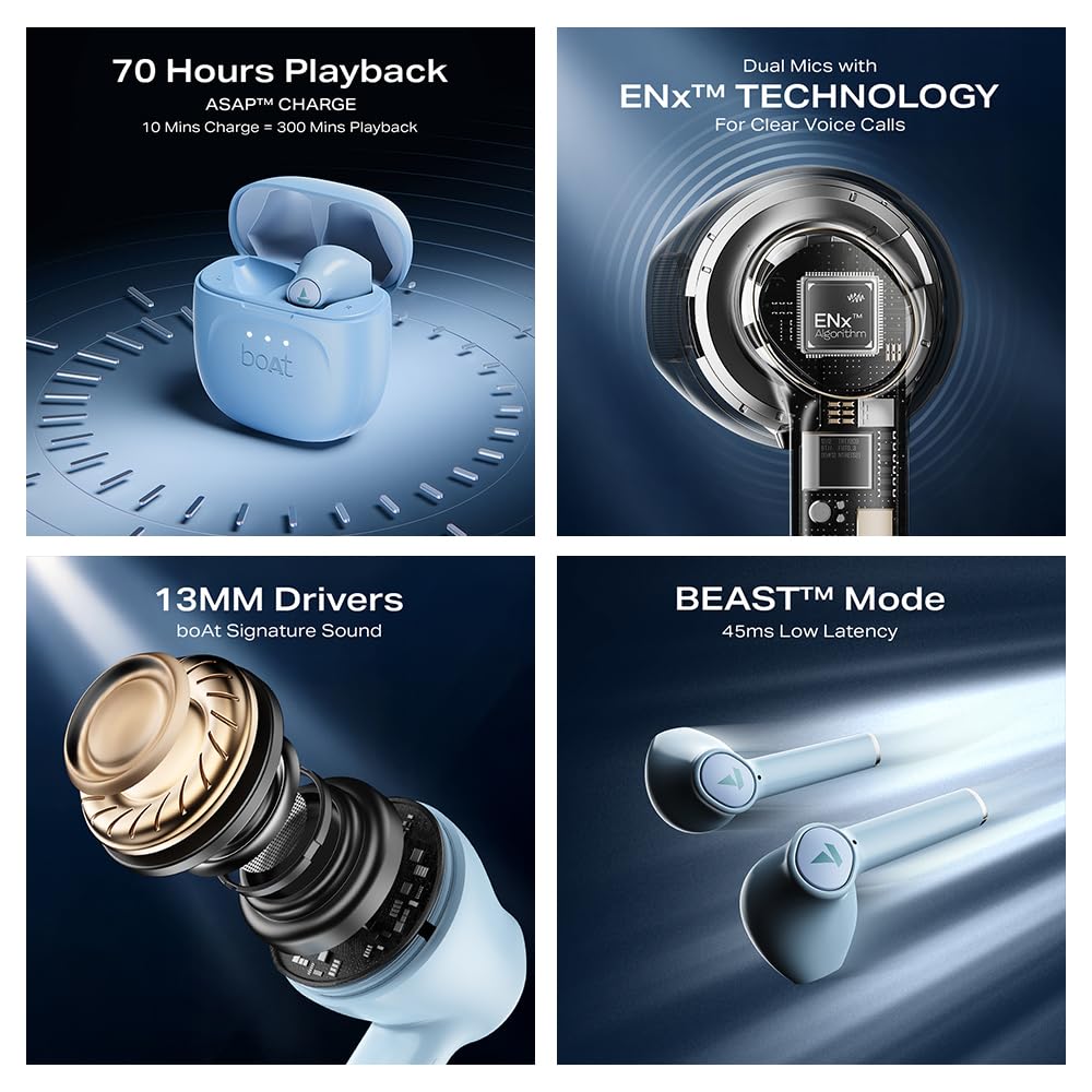 boAt True Wireless Earbuds Boat Airdopes 131 Gen 2, 13mm Drivers, 70H Battery, ENx Tech, Beast Mode 45 ms Low Latency, ASAP Charge, Bluetooth Earbuds, TWS Ear Buds Wireless Earphones 