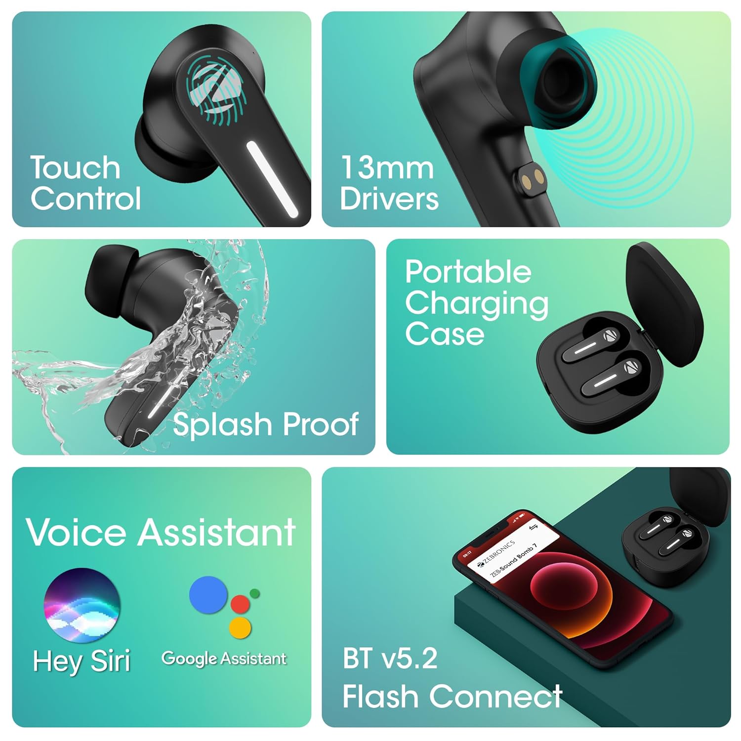 Wireless Bluetooth Earbuds ZEBRONICS Sound Bomb 7 Bluetooth TWS in Ear Earbuds with 60H Playtime, ENC Mic, Rapid Charge, Upto 50ms Gaming Mode, Flash Connect, Voice Assistant, Smooth Touch Control, BT v5.2, Type C