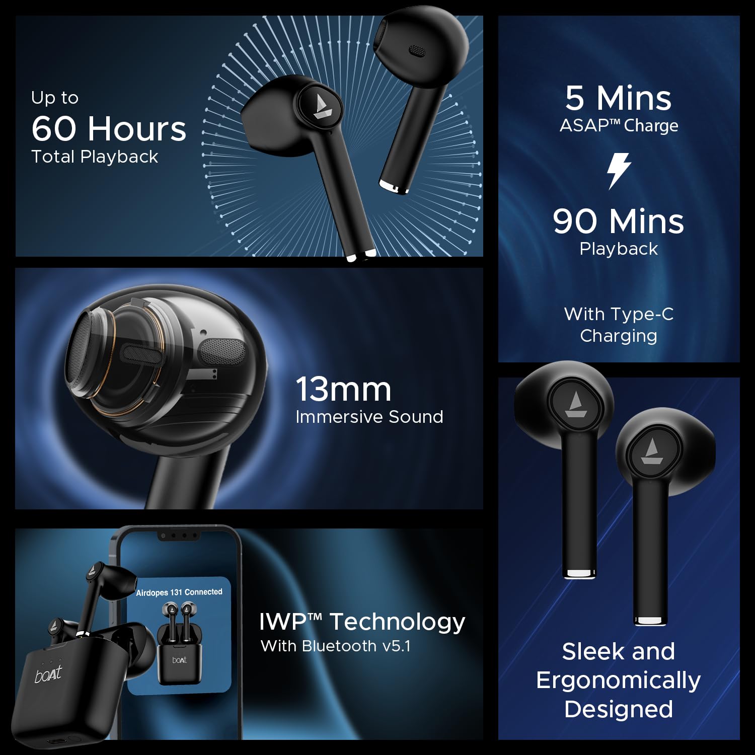 boAt True Wireless Earbuds Boat Airdopes 131 Gen 2, 13mm Drivers, 70H Battery, ENx Tech, Beast Mode 45 ms Low Latency, ASAP Charge, Bluetooth Earbuds, TWS Ear Buds Wireless Earphones
