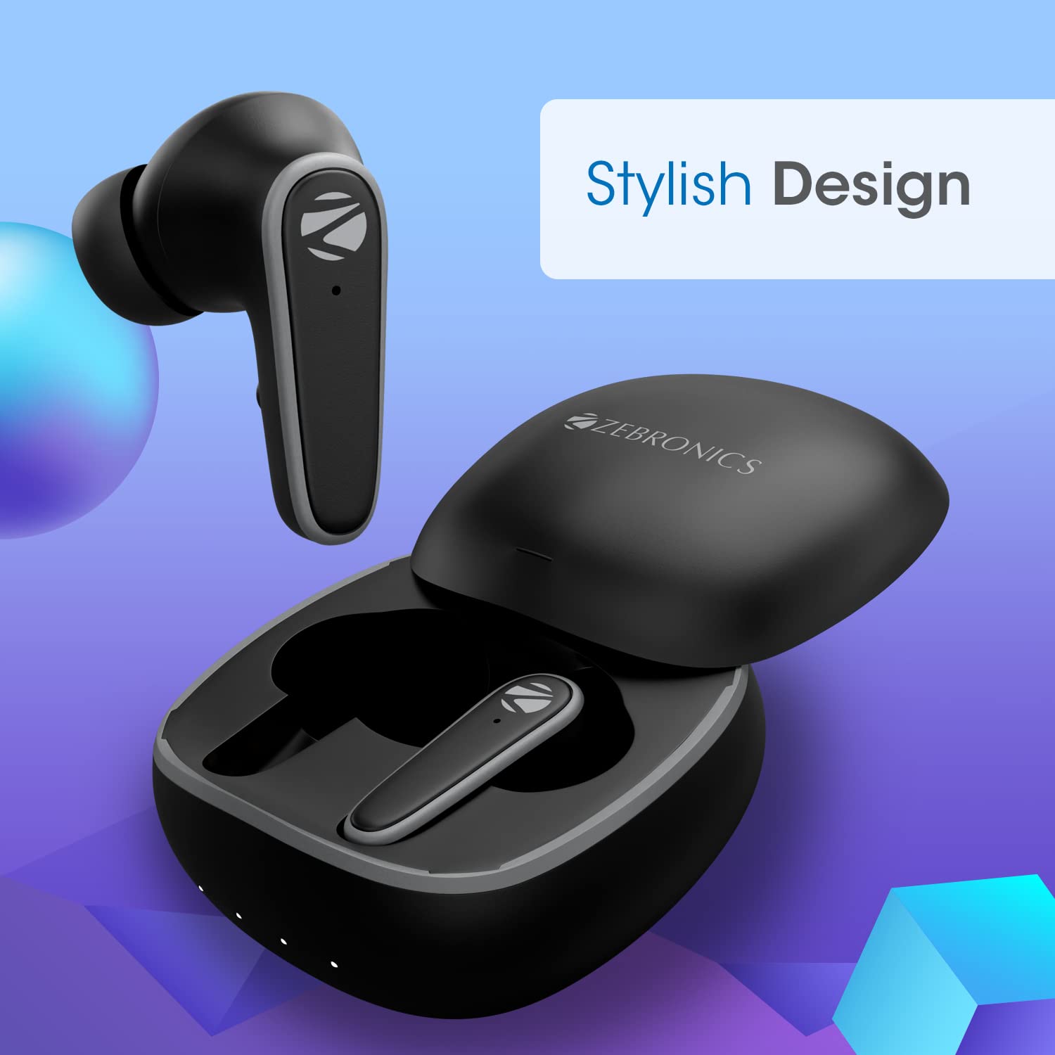 Wireless Earbuds with Active Noise Cancellation ZEBRONICS PODS 1 Wireless TWS Earbuds with Powerful ANC, ENC Calling, Gaming Mode, 28 Hours Backup, Bluetooth 5.2, Voice Assistant Support, Splash Proof, Flash Connect & Type C Charging