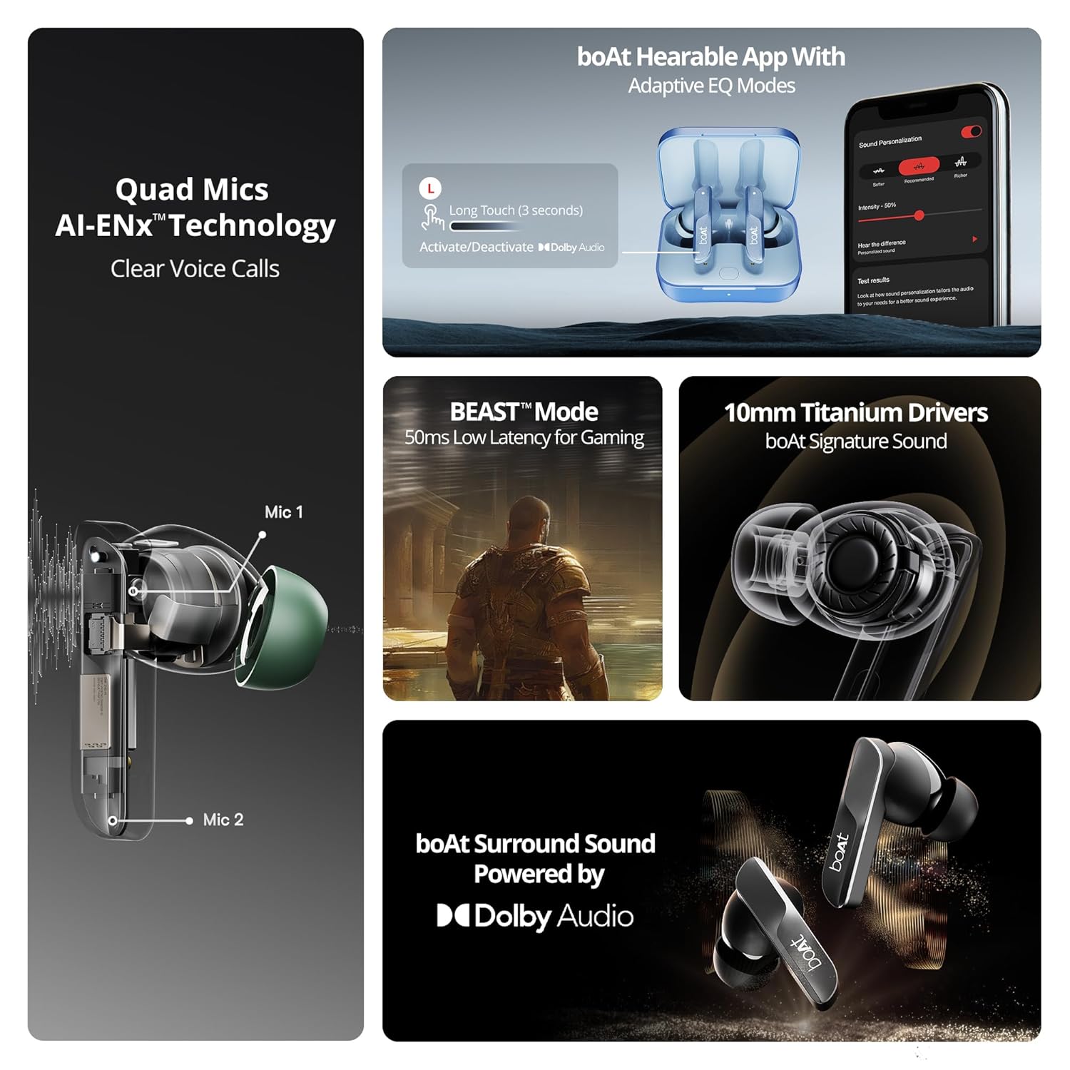 boAt Wireless Earbuds boAt Airdopes 800, Dolby Audio, Adaptive EQ by Mimi, 4Mics AI ENx, App Support, Fast Charge, IPX5, v5.3 Bluetooth TWS in Ear Earbuds Wireless Earphones