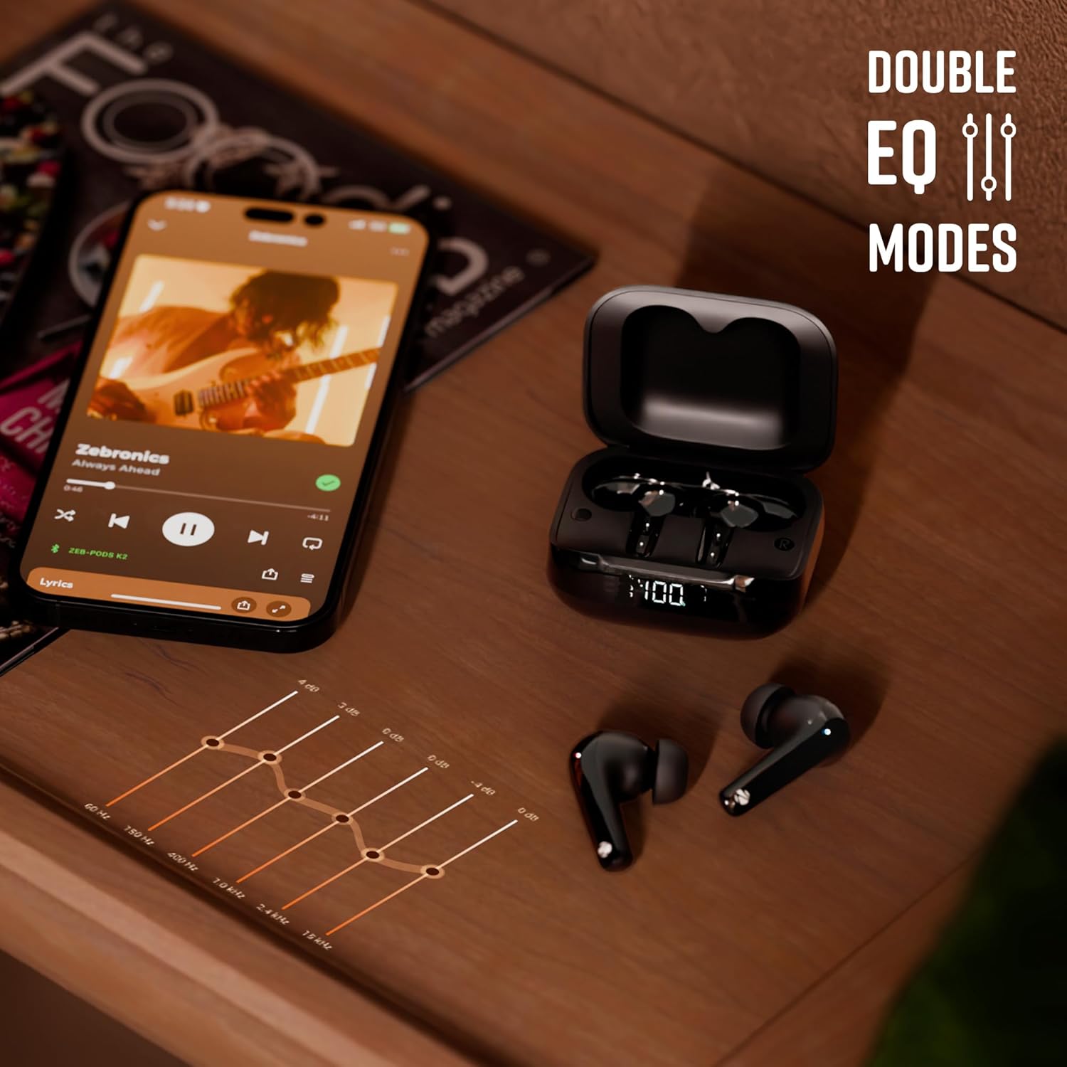 Wireless Earbuds with Charging Case ZEBRONICS PODS K2 in Ear Wireless Earbuds, Upto 40 Hrs Backup, Dual EQ, Quad MIC ENC, 10mm Bass Drivers, Fast Charging, Bluetooth, Flash Connect,40ms Low Latency Gaming, LED Battery Indicator 