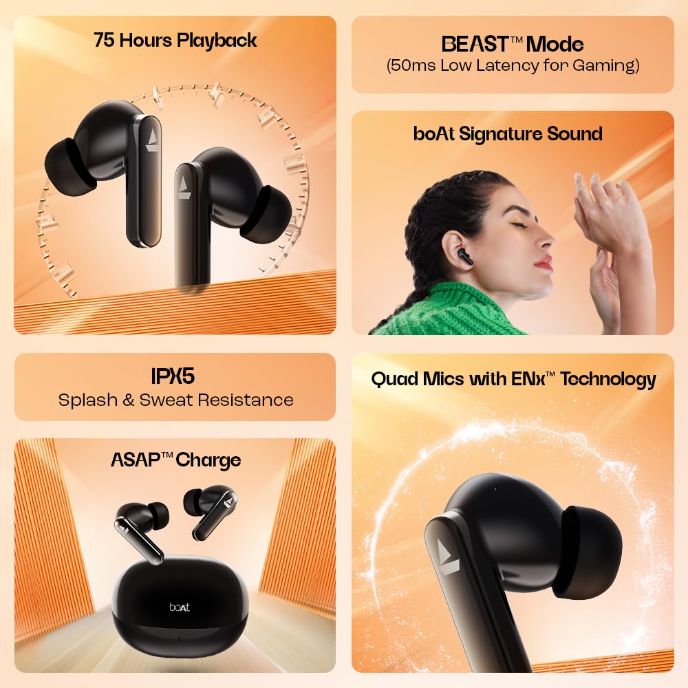 Wireless Earbuds boAt Airdopes 301, 75H Battery, 4Mics ENx, ASAP Charge,Low Latency, IPX5, Stream Ad Free Music via App Support, Bluetooth Earbuds, TWS Ear Buds Wireless Earphones 