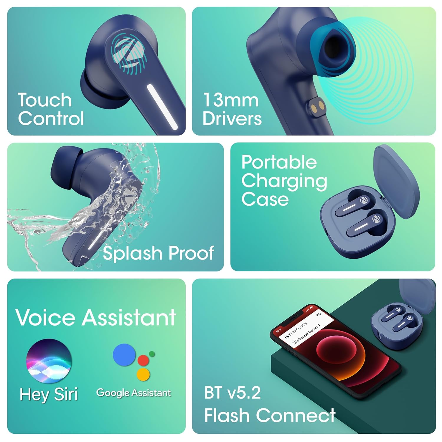 Wireless Bluetooth Earbuds Zebronics Sound Bomb 7 Bluetooth TWS in Ear Earbuds with 60H Playtime, ENC Mic, Rapid Charge, Upto 50ms Gaming Mode, Flash Connect, Voice Assistant, Smooth Touch Control, BT v5.2, Type C