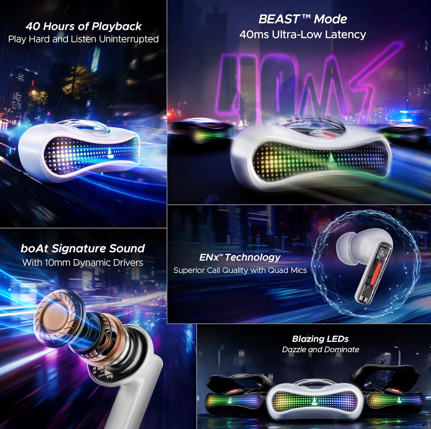 Bluetooth Wireless Earbuds boAt Airdopes Drift TWS Earbuds w/ 40hrs Playback, Beast Mode with 40ms Latency, 4 Mics with ENx, Car-Shaped ID with RGB LEDs, ASAP Charge, IWP Tech, BT v5.4 & IPX4 Resistance