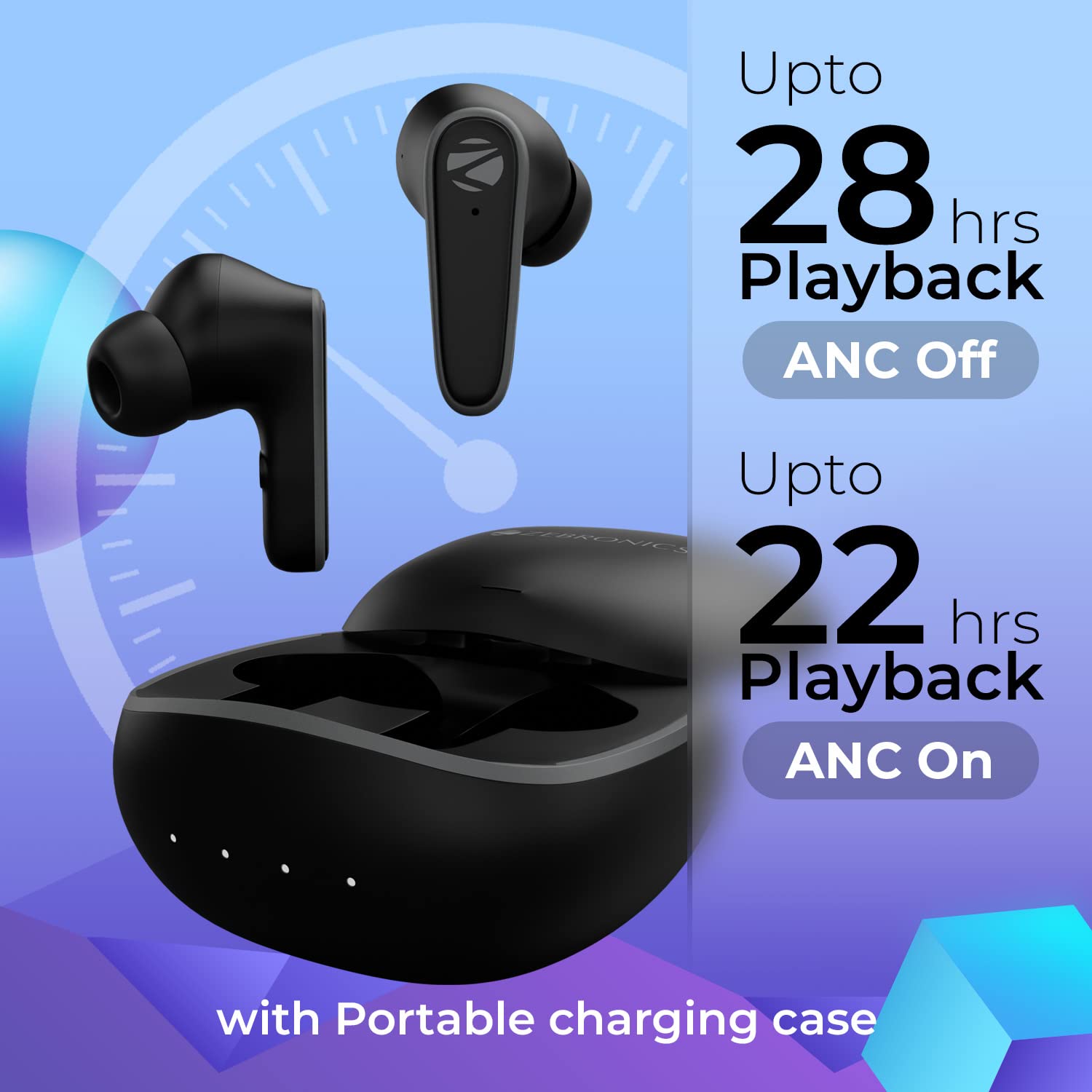Wireless Earbuds with Active Noise Cancellation ZEBRONICS PODS 1 Wireless TWS Earbuds with Powerful ANC, ENC Calling, Gaming Mode, 28 Hours Backup, Bluetooth 5.2, Voice Assistant Support, Splash Proof, Flash Connect & Type C Charging