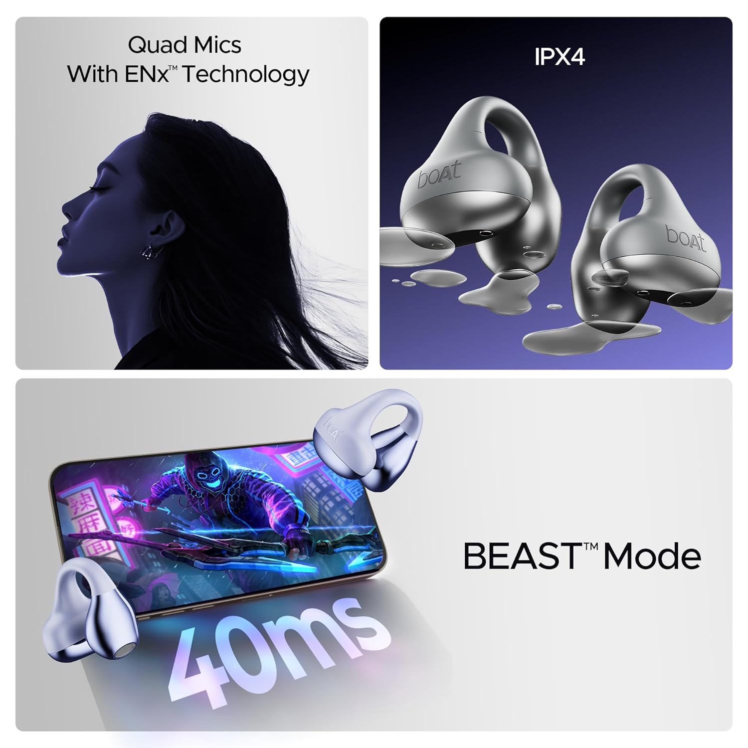 boAt IPX4 Splash & Sweat Resistant Earbuds boAt Airdopes Loop in Ear Earbuds Bluetooth W/Clip-On Fit, Air Conduction Tech, 50HRS Battery, 4Mics Enx, Dual EQ Modes, 12Mm Drivers, 40Ms Latency, ASAP Charge, OWS Ear Buds Earphones