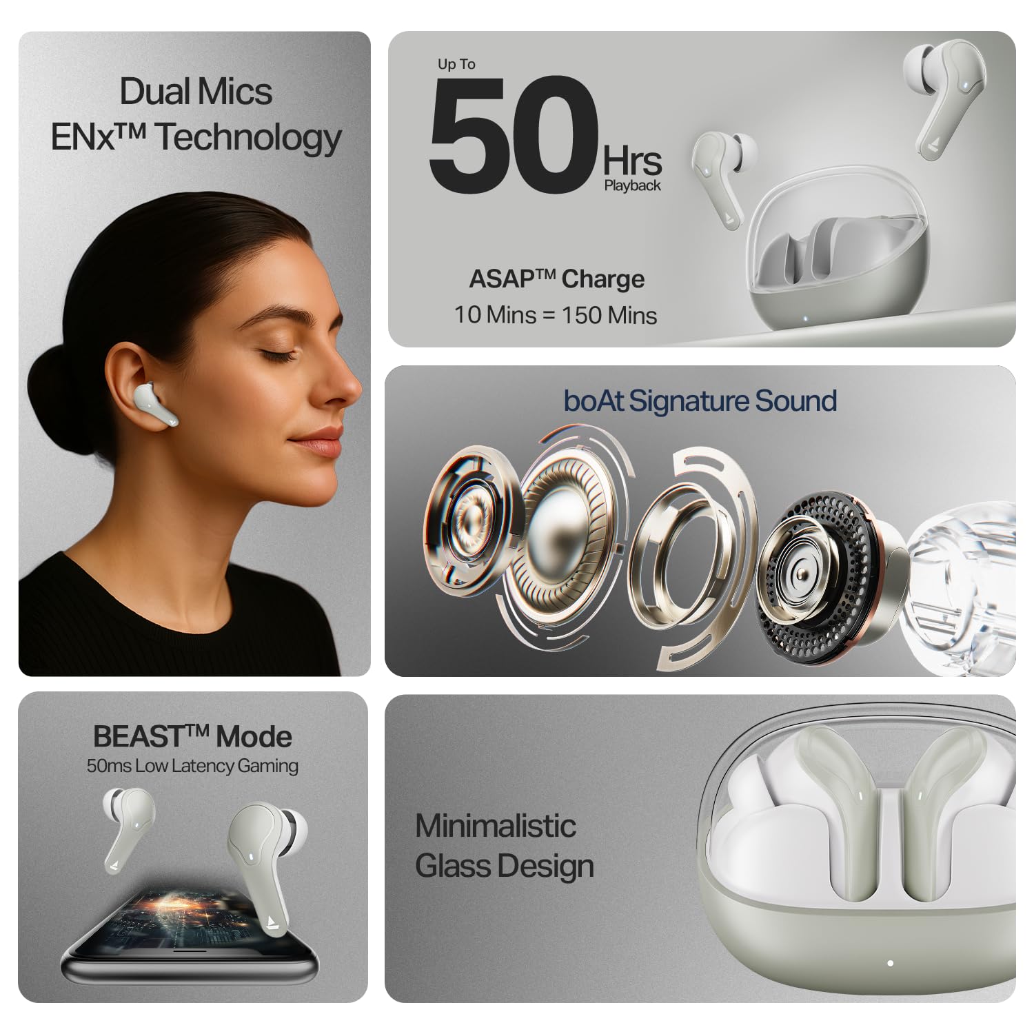 Wireless Gaming Earbuds boAt 2025 Launch Airdopes Plus 311,Glass Design,ENx Tech,50 H Battery, Fast Charge, Stream Ad Free Music via App Support, Bluetooth Earbuds, TWS Ear Buds Wireless Earphones 