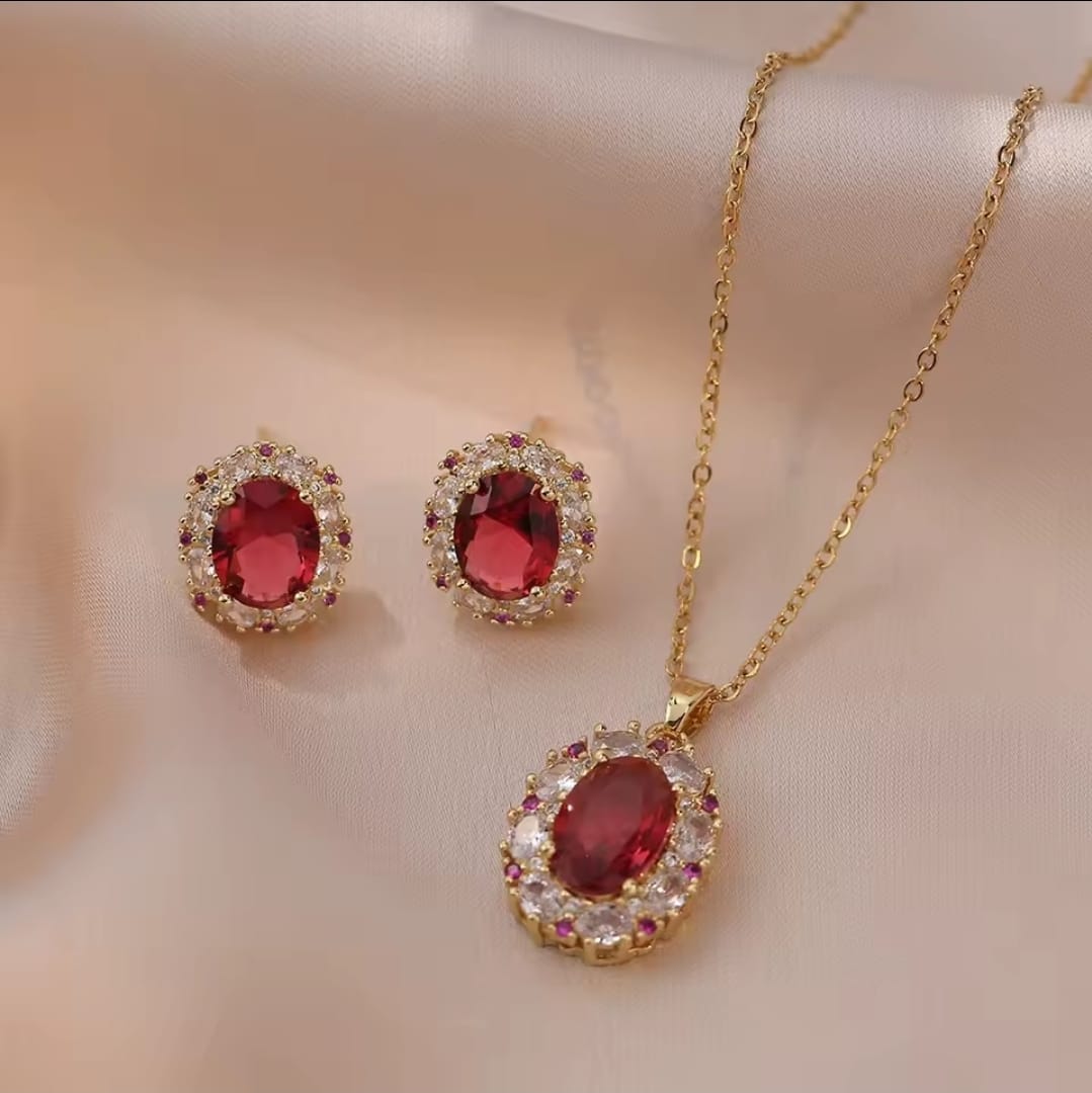 Ruby Zircon and Gold plated 18K Jewelry Set