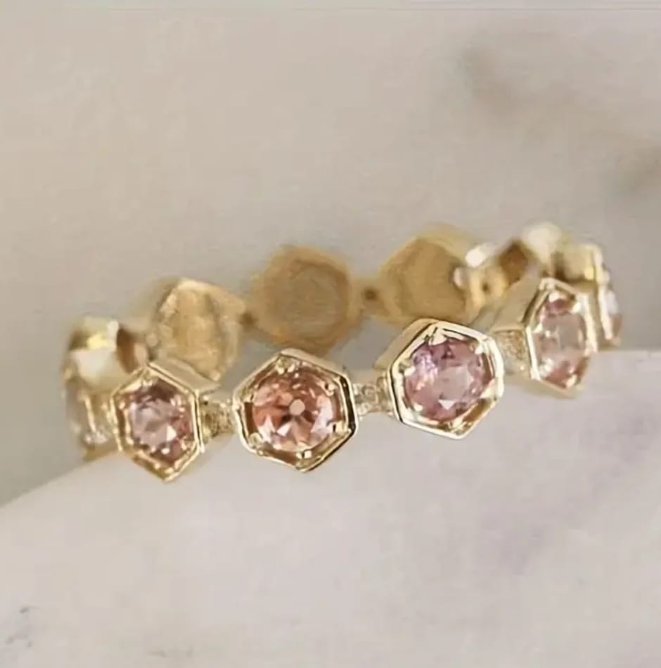 Gold plated Hexagon Rose Gemstone Zircon Ring