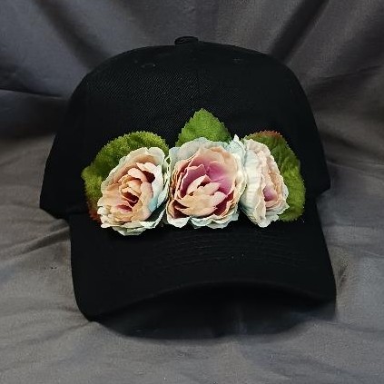 Black Cap With Blue & Pink Flowers