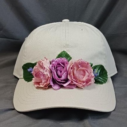 Khaki Cap With Dark Pink & Purple Flowers