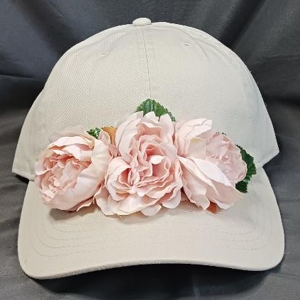 Khaki Cap With Pale Pink Flowers 