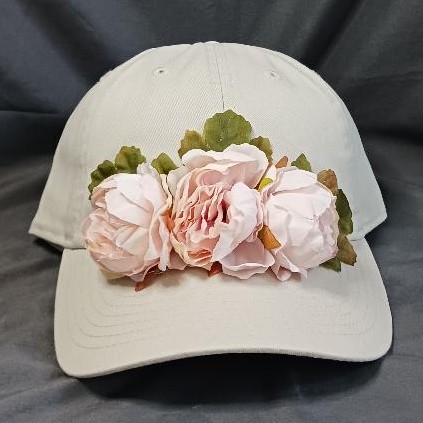 Khaki Cap With Pale Pink Flowers