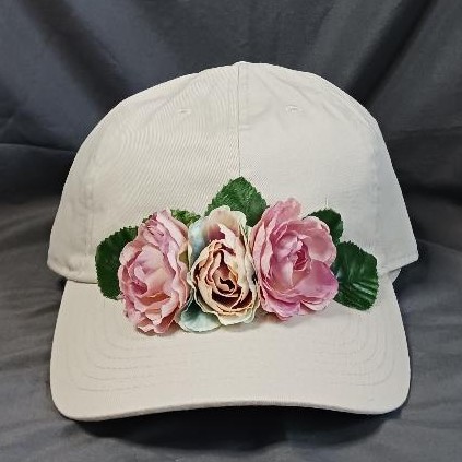 Khaki Cap With Pink & Blue Flowers 