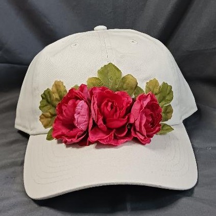 Khaki Cap With Ruby Red Flowers 