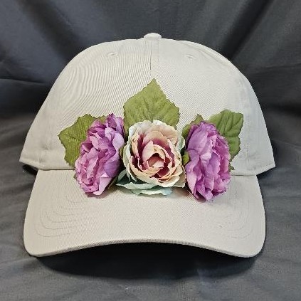 Khaki Cap With Dark Pink & Blue Flowers 