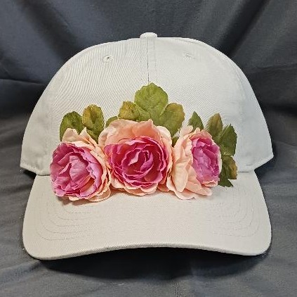 Khaki Cap With Light Orange & Dark Pink Flowers