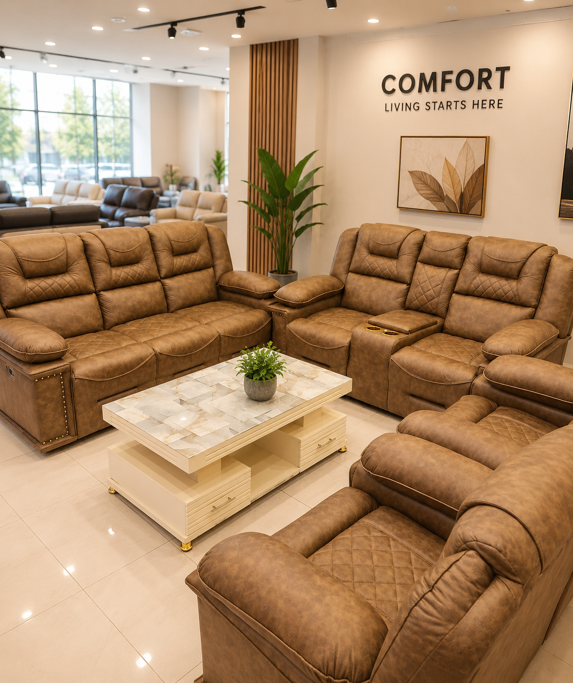 Luxury Brown Leather Sofa Set
