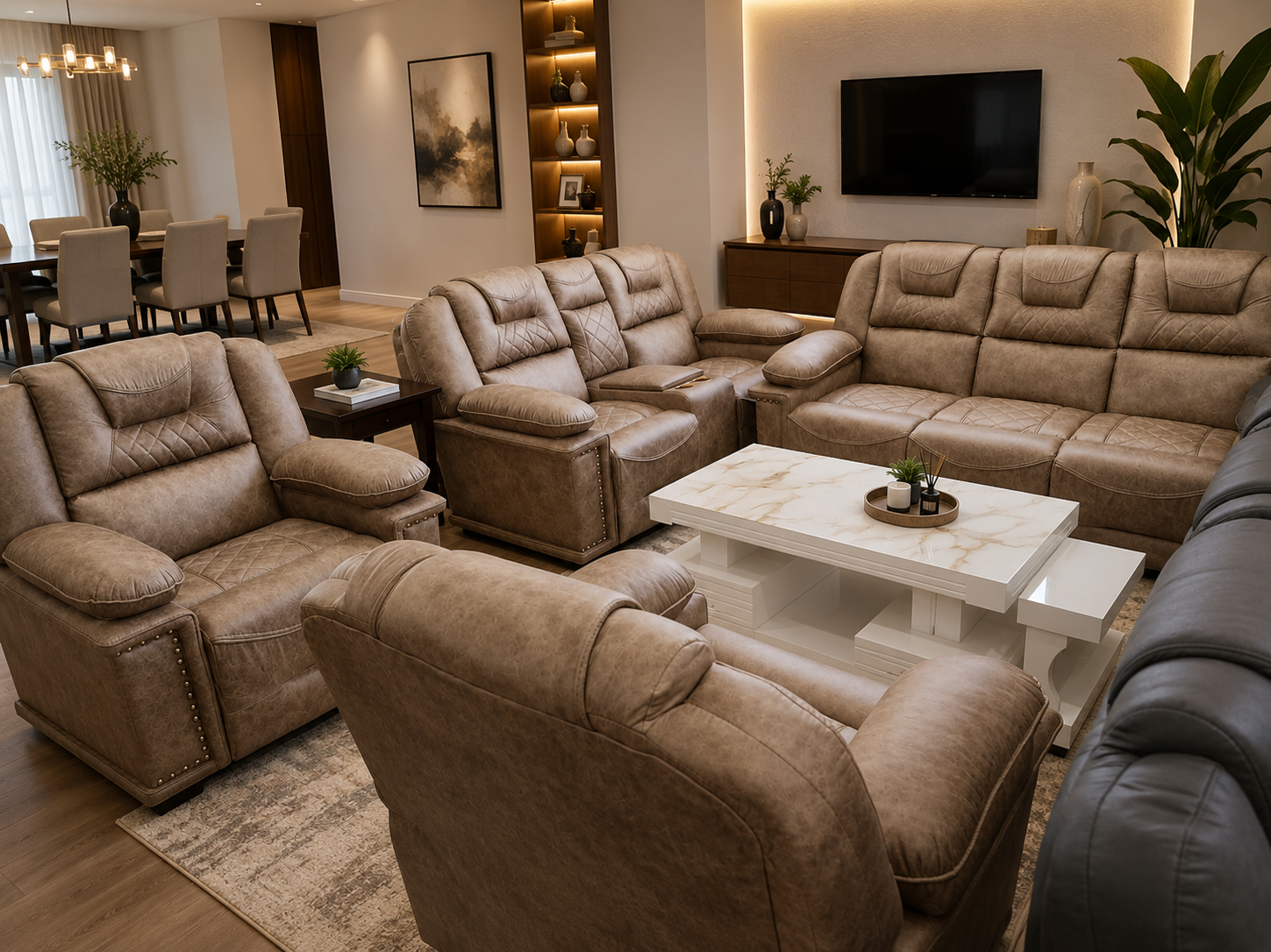 Luxury Brown Leather Sofa Set