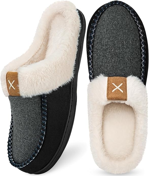 Homitem Mens Slippers Moccasins Memory Foam Fuzzy Slippers for Men Wool-Like Plush Fleece Lined House Shoes Indoor Outdoor Anti-Skid Rubber Sole Home Bedroom