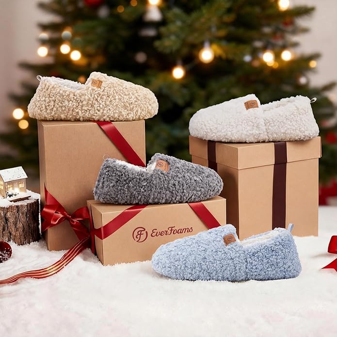 EverFoams Women’s Soft Curly Full Slippers Memory Foam Lightweight House Shoes Cozy Loafer with Polar Fleece Lining