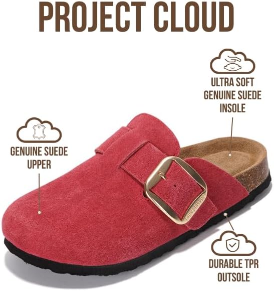 Project Cloud 100% Genuine Leather Clogs for Women Shoes - Memory Foam Insole, Non-Slip & Natural Cork Footbed Arch Support Big Buckle Womens Clogs and Mules Footwear (Manchester)