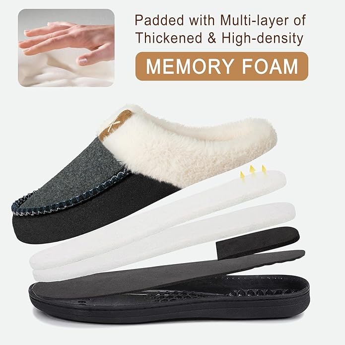 Homitem Mens Slippers Moccasins Memory Foam Fuzzy Slippers for Men Wool-Like Plush Fleece Lined House Shoes Indoor Outdoor Anti-Skid Rubber Sole Home Bedroom