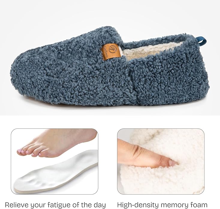 EverFoams Women’s Soft Curly Full Slippers Memory Foam Lightweight House Shoes Cozy Loafer with Polar Fleece Lining